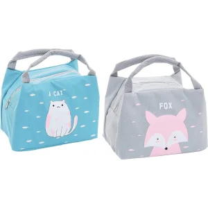 2 Pack | Geïsoleerde Lunchtas Set | Met Dubbele Handvat | Cat en Vos Print | Lekvrije | Lunchbox | Picknicktas | Lunchkoeltas | Maaltijdtas | camping | Reizen | Unisex | Blauw / Grijs