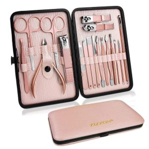 18 in 1 - Luxe Professionele Pedicure Set - Manicure Set - Nagelschaar Verzorgingsset met Lederen Reisetui Roze - Complete Nagelverzorgingskit met Nagelschaar en Etui