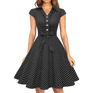 Dames 1950s Retro Swing Jurk – Vintage Rockabilly Stijl – Met Capmouwtjes, V-Hals, Verwijderbare Riem – Elegante A-Lijn Cocktailjurk – Perfect Voor Feestjes, Bruiloften en Formele Gelegenheden - Zwart