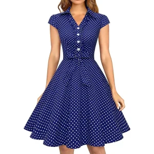 Dames 1950s Retro Swing Jurk – Vintage Rockabilly Stijl – Met Capmouwtjes, V-Hals, Verwijderbare Riem – Elegante A-Lijn Cocktailjurk – Perfect Voor Feestjes, Bruiloften en Formele Gelegenheden - Donker Blauw