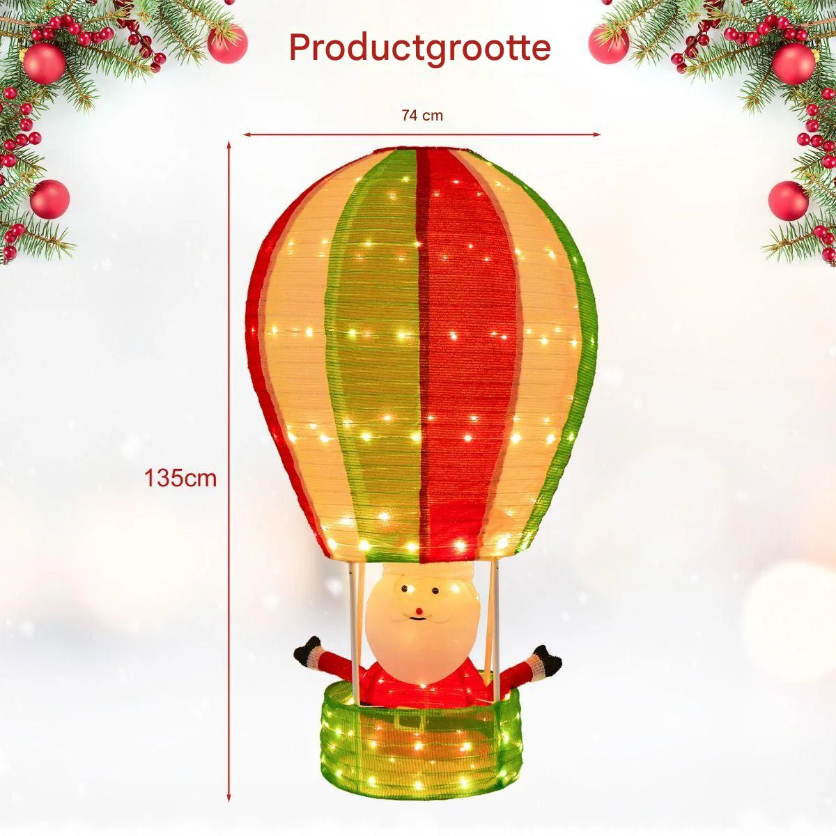 135 cm Kerstman Heteluchtballon - Verlichte Kerstdecoratie met 160 LED-Lampjes - Pop-Up Ontwerp - Metalen Frame en Polyester - Inclusief Grondspikes en Kabelbinders - Voor Binnen en Buiten - Rood, Groen en Wit - Afbeelding 9